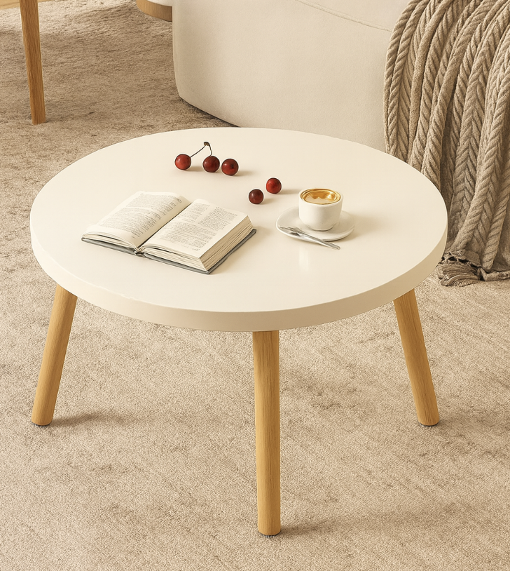 Mesa de Centro Redonda Blanca con Patas de Madera