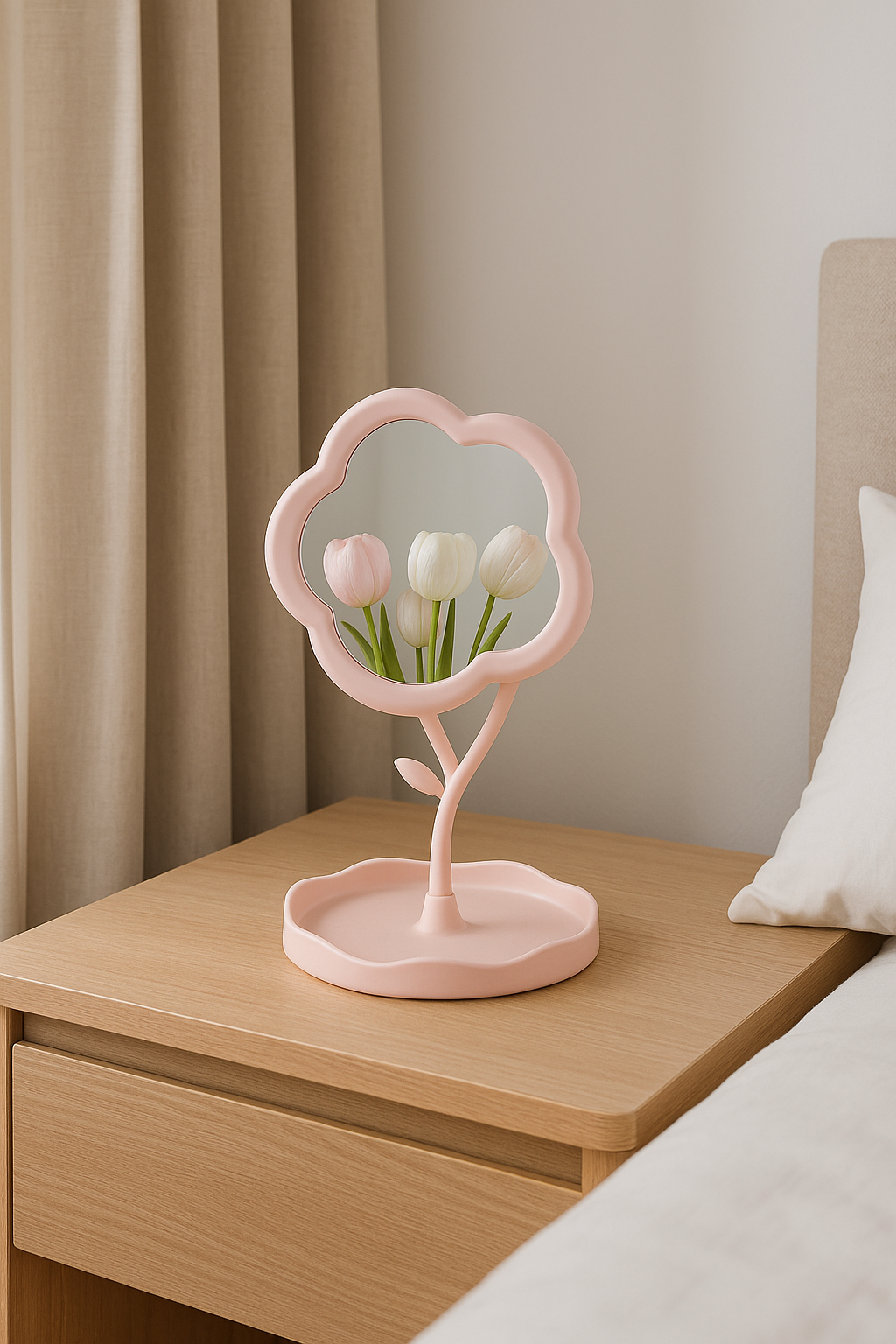 Espejo de Maquillaje con Diseño de Flor – 360° Giratorio y Base Organizadora